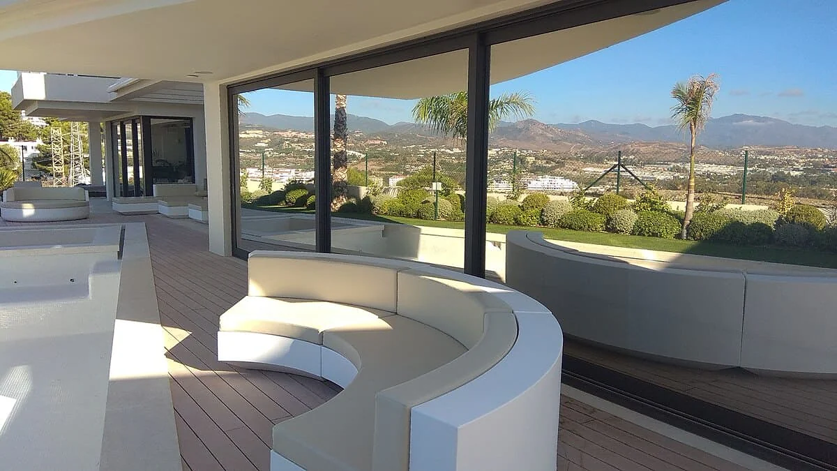 Exterior-applied window film on villa sliding glazing in Marbella